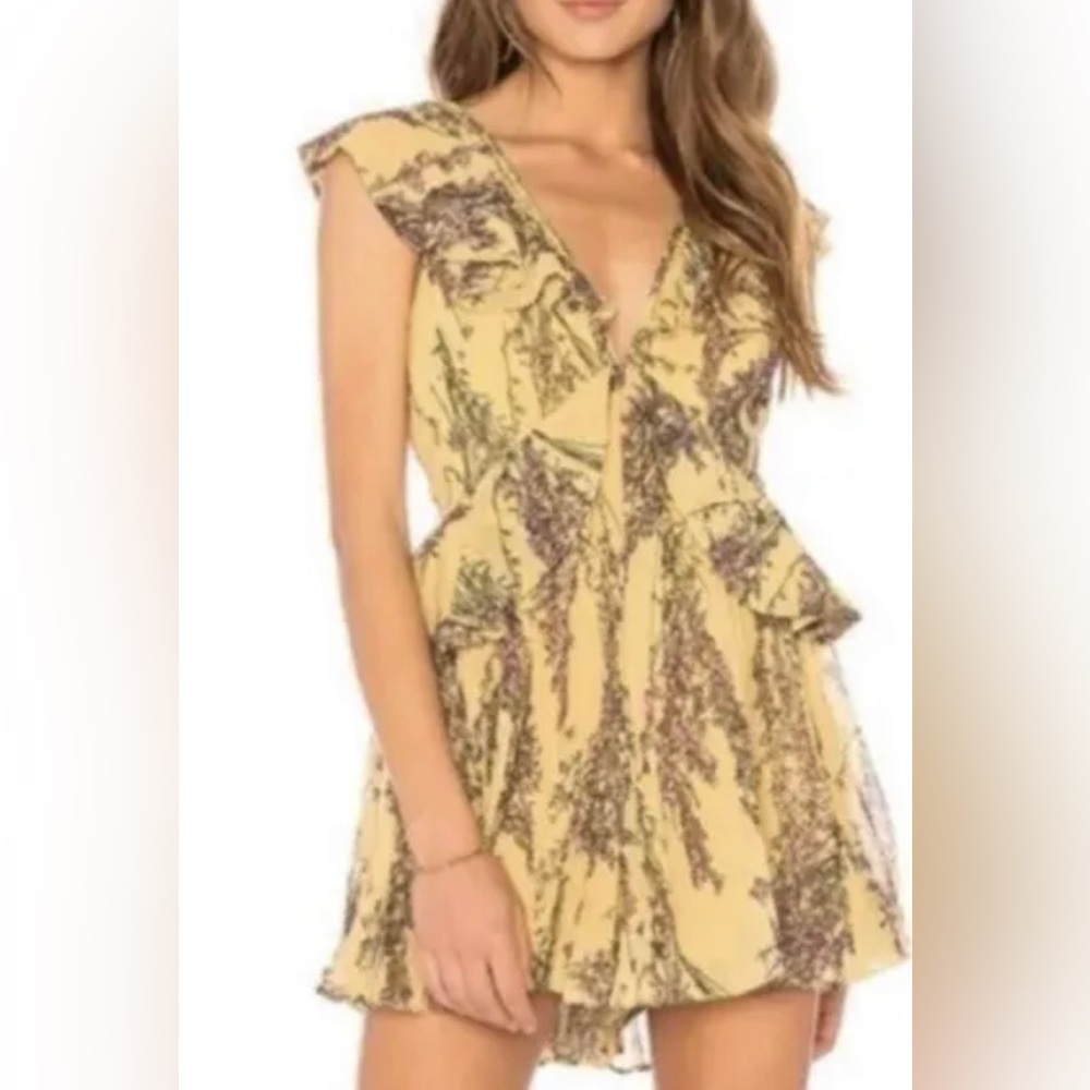 Keepsake the Label Light Up Mustard Yellow Floral Print Romper Pleated Ruffle SM